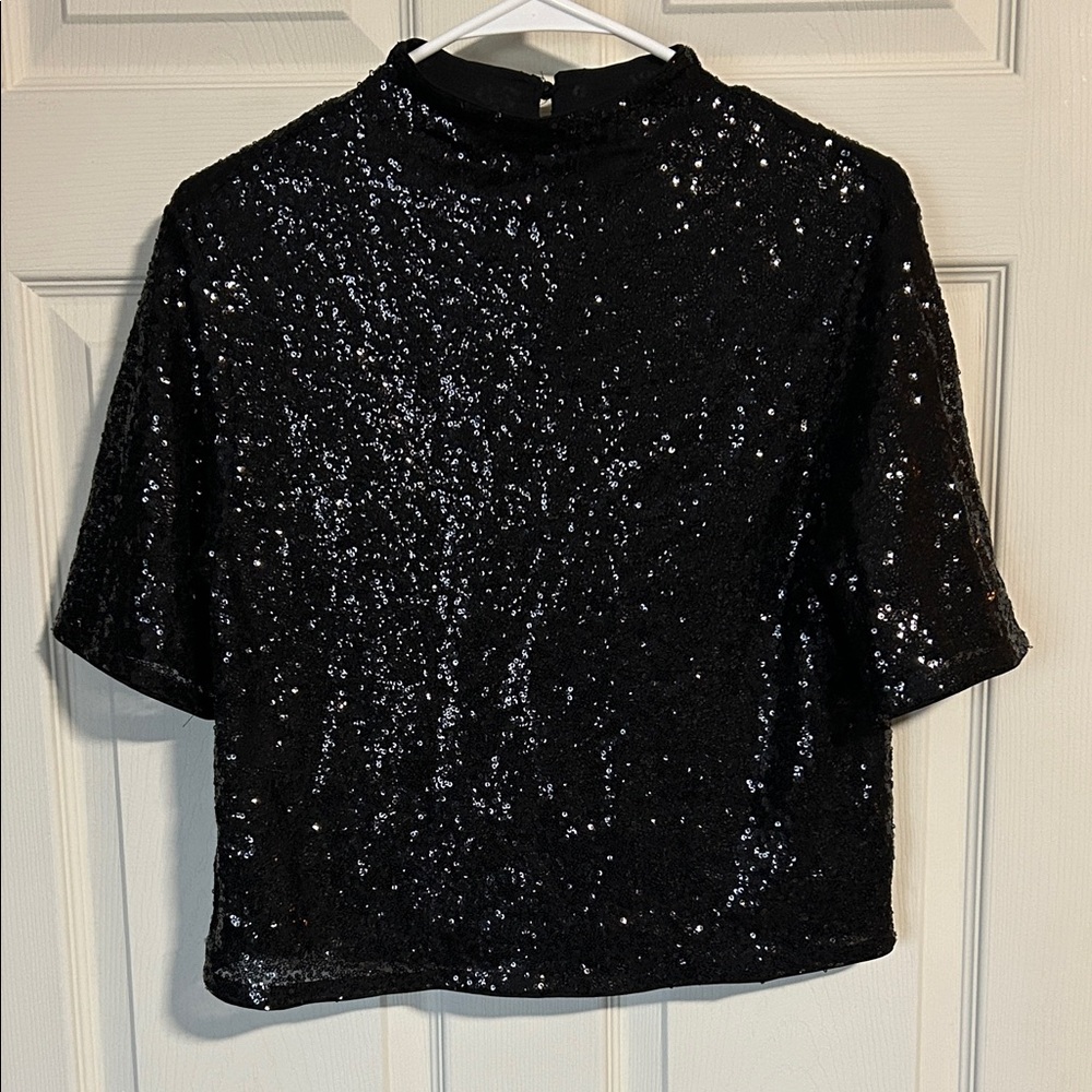 H&M Black Sequin Cropped Blouse